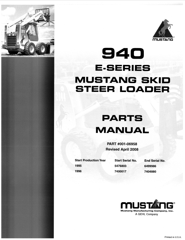 Mustang 940 E-Series Skid Steer Loader Parts Catalog Manual PDF 001-06958