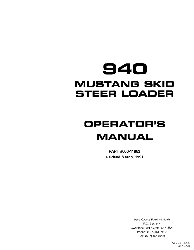 Mustang 940 Skid Steer Loader Operator Manual 000-11883 PDF Download