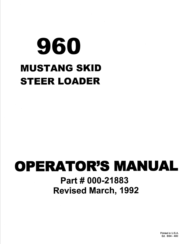Mustang 960 Skid Steer Loader Operator Manual 000-21883 PDF Download