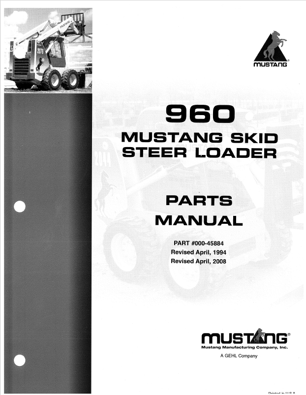 Mustang 960 Skid Steer Loader Parts Catalog Manual 000-45884 PDF