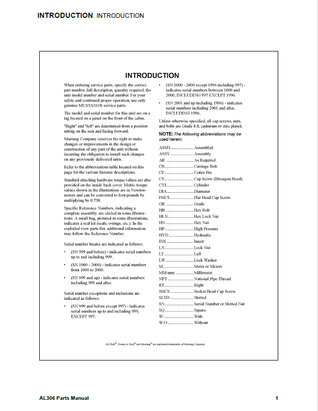 Mustang AL306 Equipment Parts Catalog Manual Download
