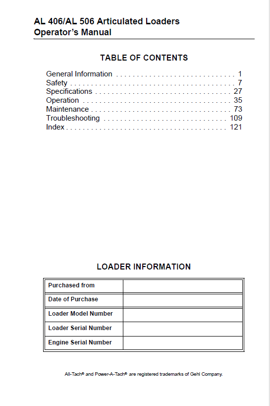 Mustang AL406 AL506 Articulated Loader Service & Operator Guide
