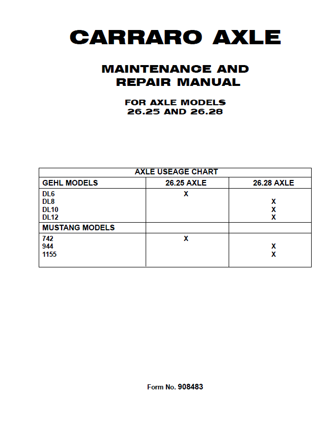 Mustang Carraro Axle 26.25, 26.28 DL Series Repair Manual 908483 PDF