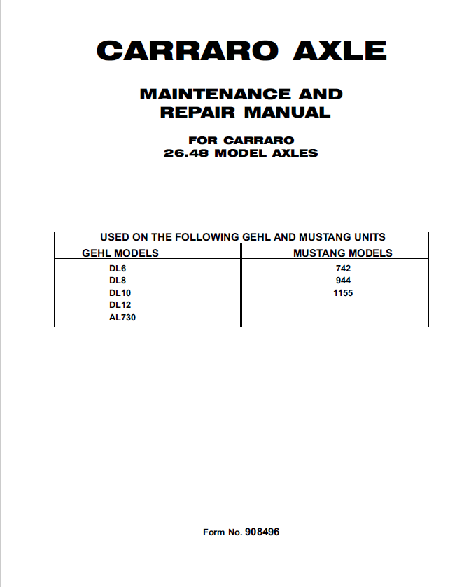 Mustang Carraro Axle DL6 DL12 Maintenance & Repair Manual 908496 PDF