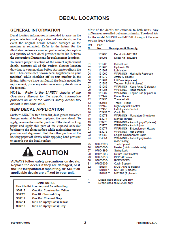 Mustang Compact Excavator ME1903 ME2203 Parts Catalog & Diagram Manual