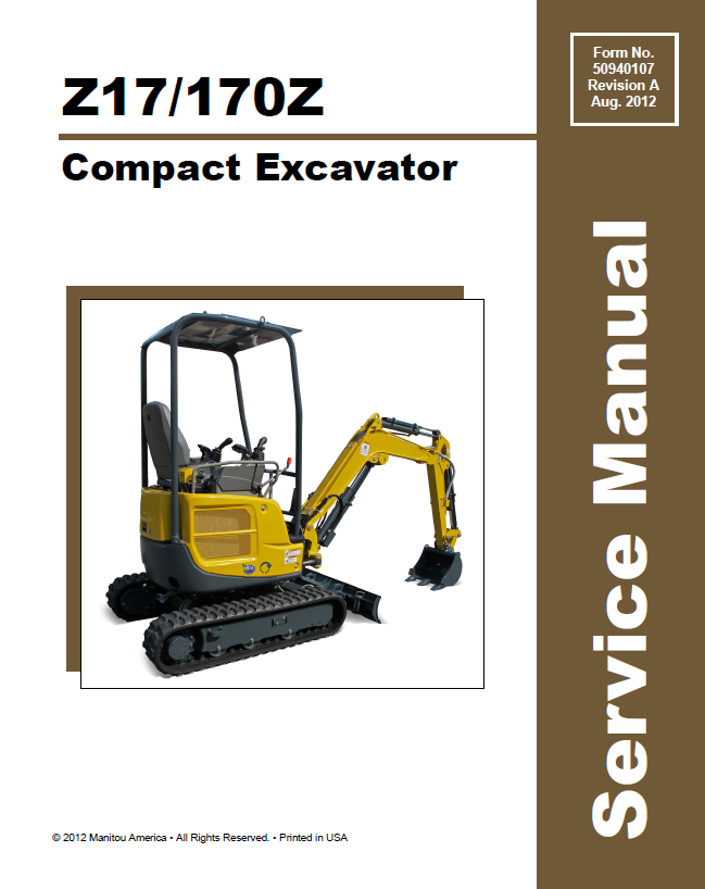 Mustang Compact Z17 & 170Z Excavator Service Manual 50940107 PDF