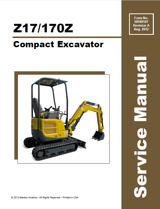 Mustang Compact Z17 & 170Z Excavator Service Manual 50940107 PDF