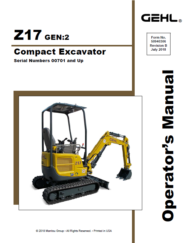 Mustang Compact Z17 Gen:2 170Z NXT2 Excavator Service Manual PDF 50940307