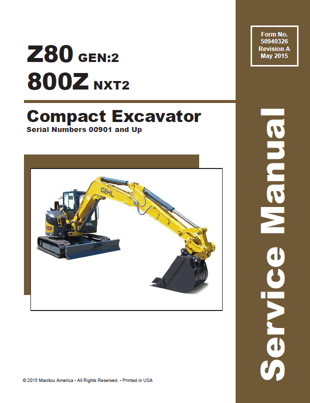Mustang Compact Z80 GEN:2 & 800Z NXT2 Excavator Service Manual PDF 50940326