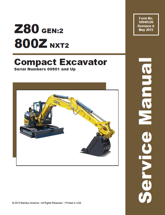 Mustang Compact Z80 GEN:2 & 800Z NXT2 Excavator Service Manual PDF 50940326