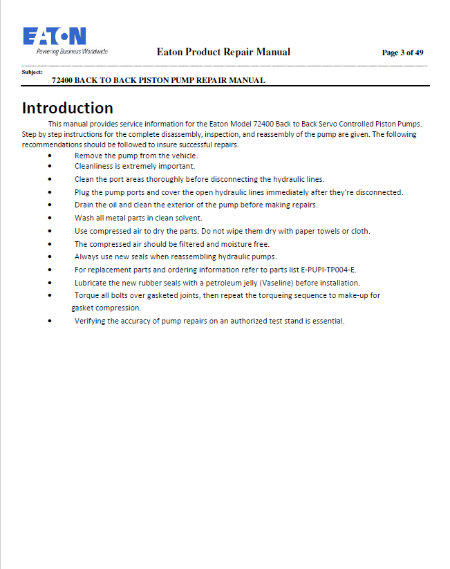 Mustang Eaton 72400 Hydraulic Piston Pump Repair Manual 50940605 PDF