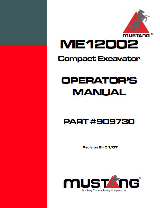 Mustang ME12002 Compact Excavator Operator Manual (909730) - PDF