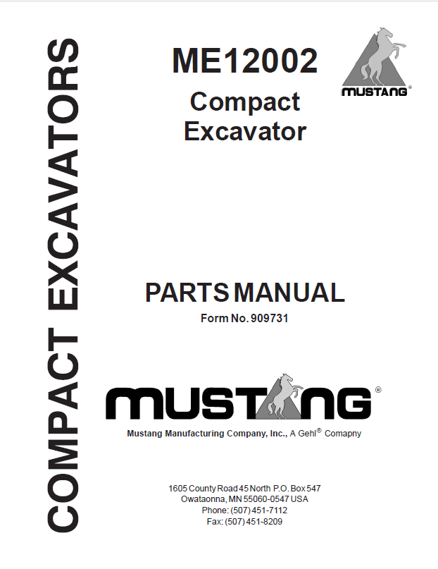 Mustang ME12002 Compact Excavator Parts Catalog Manual 909731 PDF