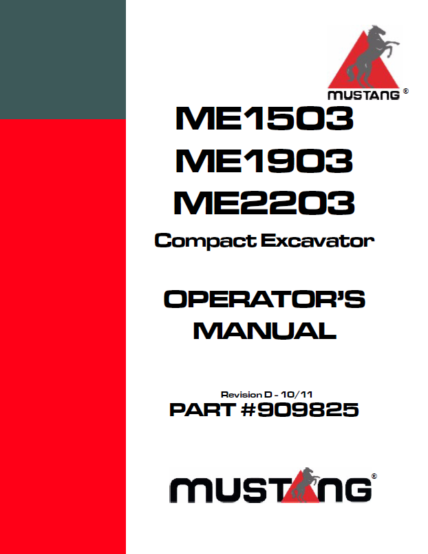 Mustang ME1503 ME1903 ME2203 Compact Excavator Operator Manual 909825 PDF
