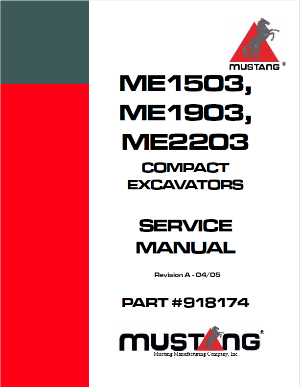 Mustang ME1503 ME1903 ME2203 Compact Excavator Operator Manual 909825 PDF