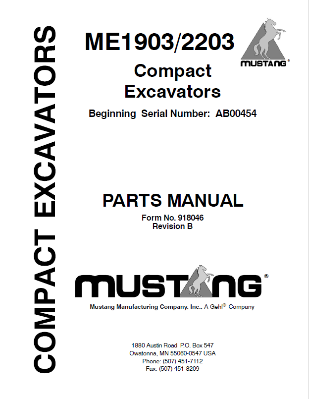 Mustang ME1903 & 2203 Compact Excavator Parts Catalog Manual 918046 PDF