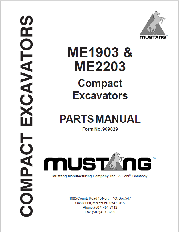 Mustang ME1903 & ME2203 Compact Excavator Parts Catalog Manual 909829 PDF
