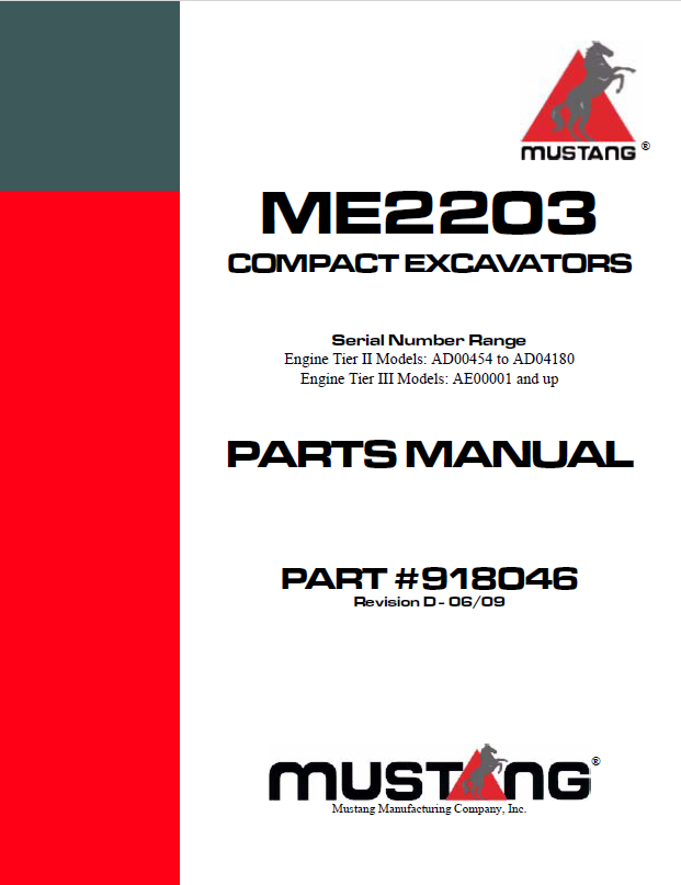 Mustang ME2203 Compact Excavator Parts Catalog Manual 918046 PDF