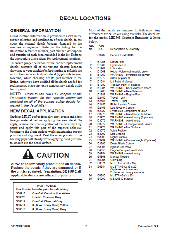 Mustang ME3003 Compact Excavator OEM Parts Book Manual 909789 PDF