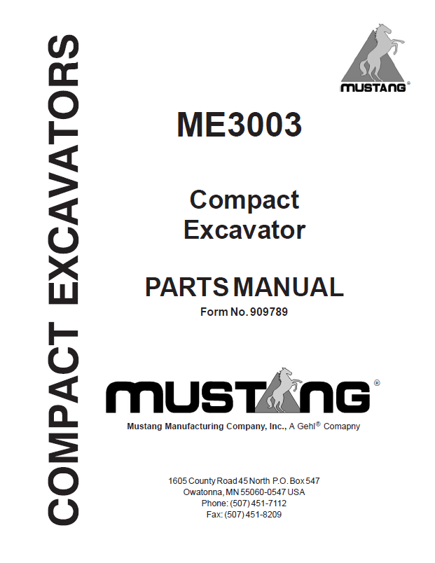 Mustang ME3003 Compact Excavator Parts Catalog Manual 909789 PDF