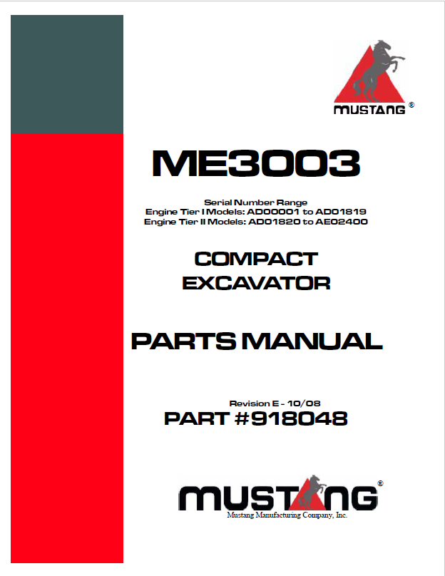 Mustang ME3003 Tier II Compact Excavator Parts Catalog Manual PDF 918048