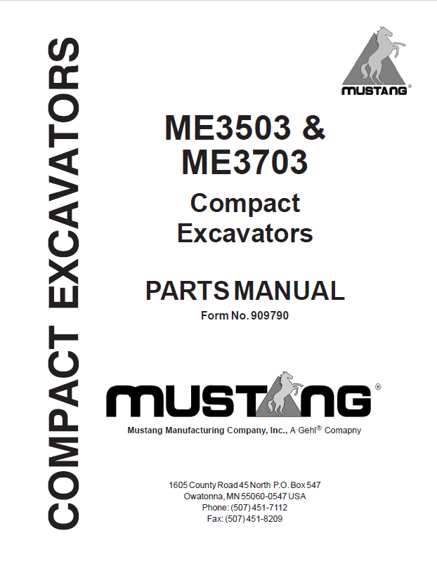 Mustang ME3503 & ME3703 Compact Excavator Parts Catalog Manual PDF 909790