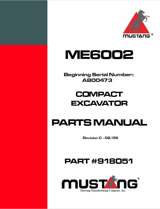 Mustang ME6002 Compact Excavator Parts Catalog Manual 918051 PDF