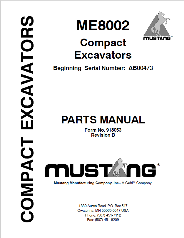 Mustang ME8002 Compact Excavator Parts Catalog Manual 918053 PDF