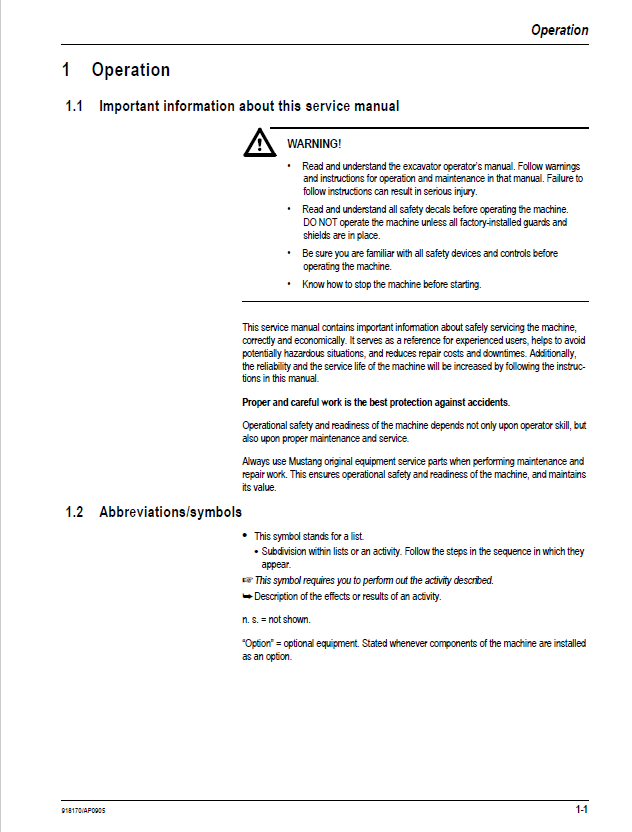 Mustang ME8002 Excavator 918173 Technical Service Manual PDF