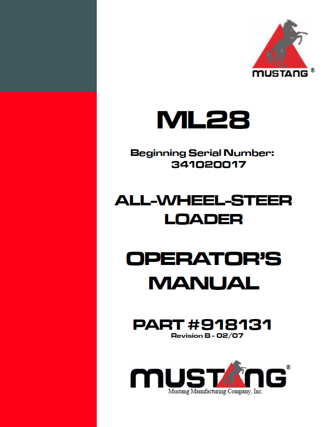 Mustang ML28 All-Wheel-Steering Loader Operator Manual 918131 (PDF Download)