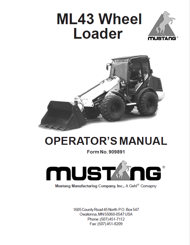Mustang ML43 Wheel Loader Operator Manual 909891 (PDF Download)