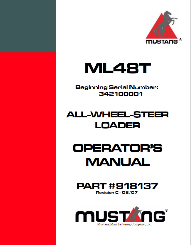 Mustang ML48T All-Wheel-Steer Loader Operator Manual 918137 PDF