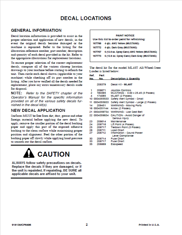 Mustang ML48T Parts Catalog 918138 | Loader Repair & Parts Manual PDF