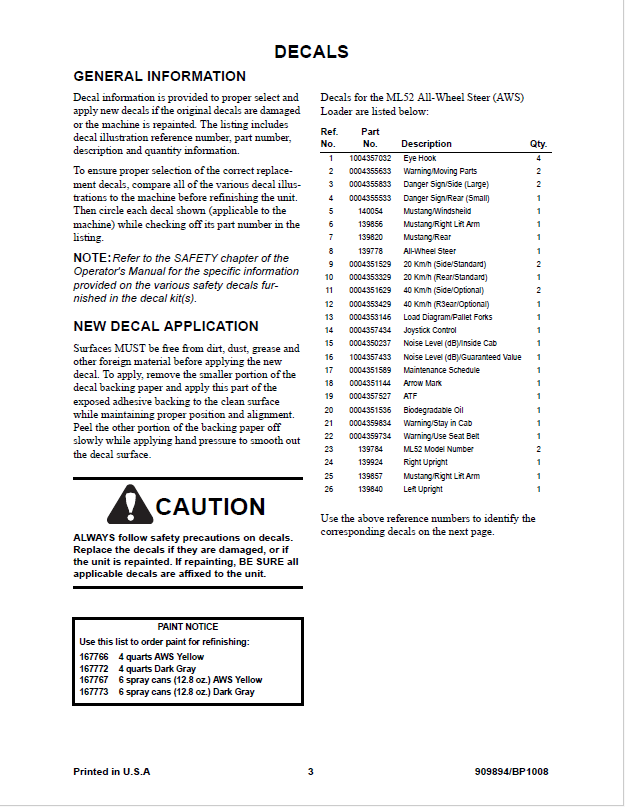 Mustang ML52 Parts Manual PDF | Complete Loader Parts Catalog 909894