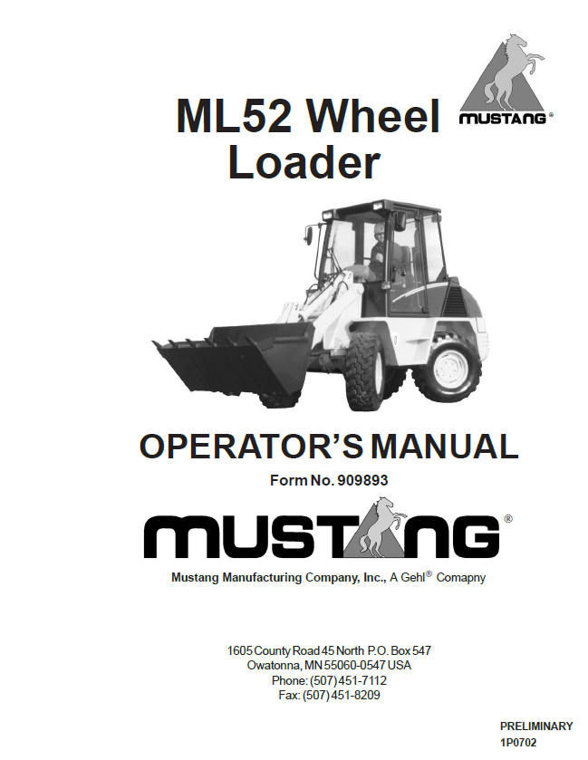 Mustang ML52 Wheel Loader Operator Manual 909893 - PDF Download