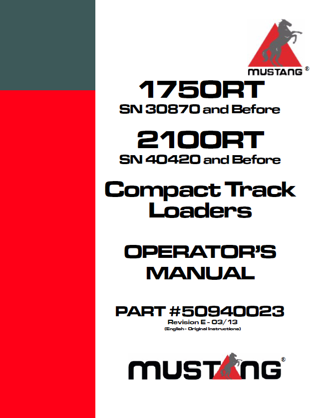 Mustang MTL312 MTL316 MTL320 MTL325 Track Loader Operator Manual 917300 PDF