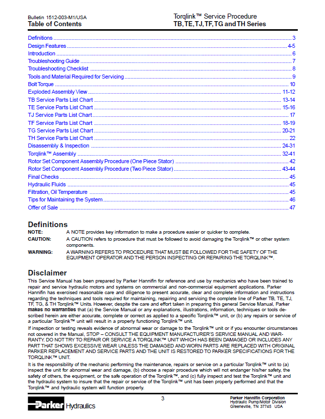 Mustang Parker Hydraulic Motor Repair & Maintenance Manual 918356A PDF