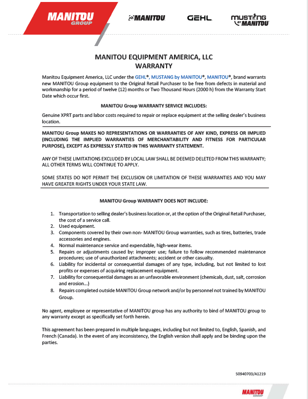 Mustang RT Series 1850RT 2150RT 2550RT Operator Manual 50940611
