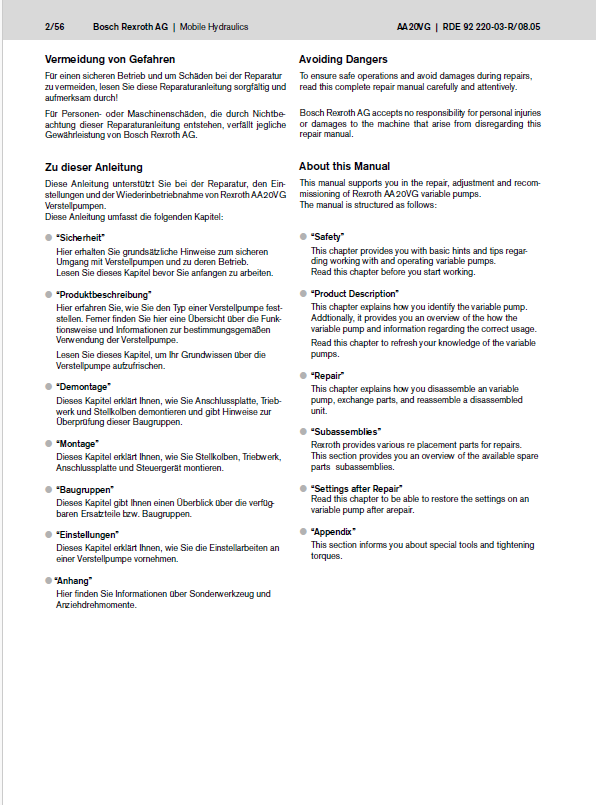 Mustang Rexroth AA20VG Hydraulic Pump Service Manual 917261 Download PDF