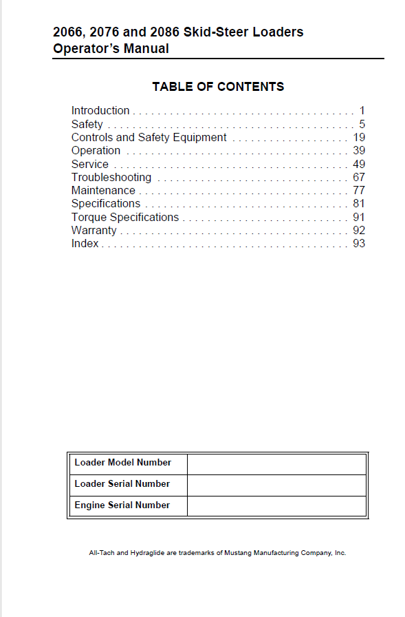 Mustang Skid-Steer 2066, 2076, 2086, 2076 [EU], 2086 [EU] Manual 917083