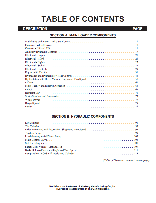 Mustang Skid Steer Loader 2095, 2105 Parts Catalog Manual Download