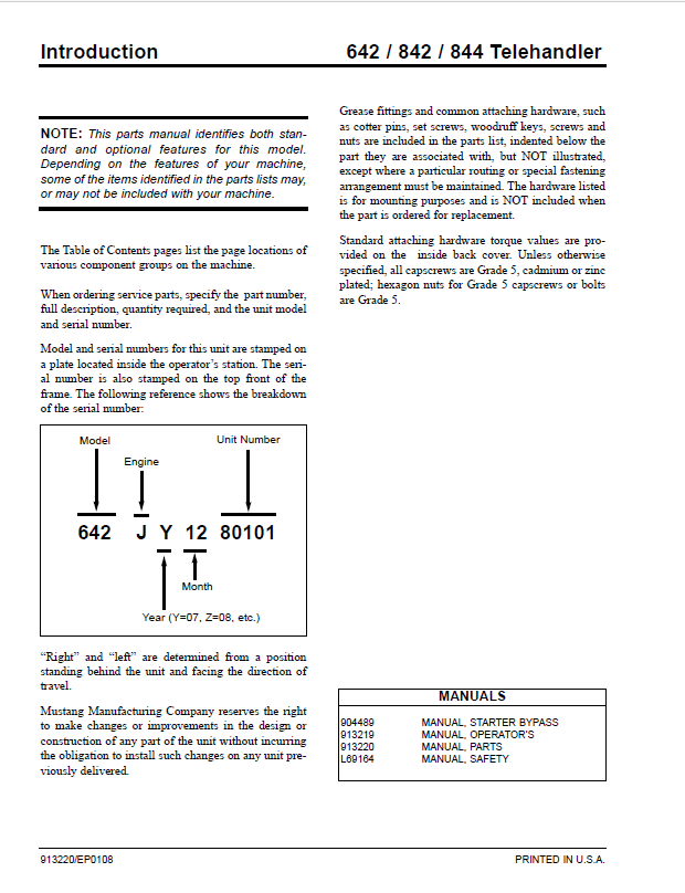 Mustang Telehandler 642 842 844 OEM Parts Manual 913220 Download