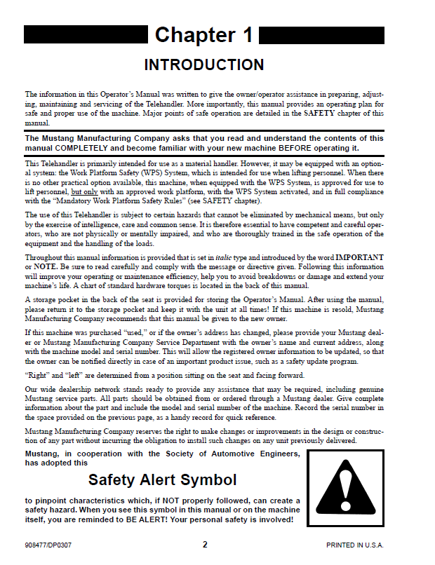 Mustang Telehandler 742, 944, 1155 Instruction Manual - 908477 PDF