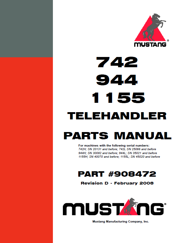 Mustang Telehandler 742 944 1155 Parts Catalog Manual 908472 PDF Download