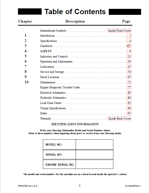 Mustang Telehandler 744, 944, 1155 Tier III & Dana Axle Manual PDF