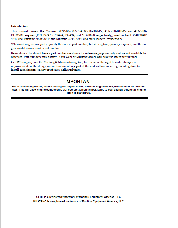 Mustang Yanmar 3TNV88-BKMS 4TNV88-BDMS Engine Parts Manual PDF Download