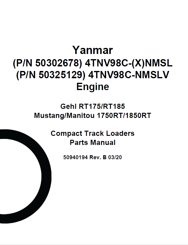 Mustang Yanmar 4TNV98C Engine Parts Catalog Manual 50940194 PDF