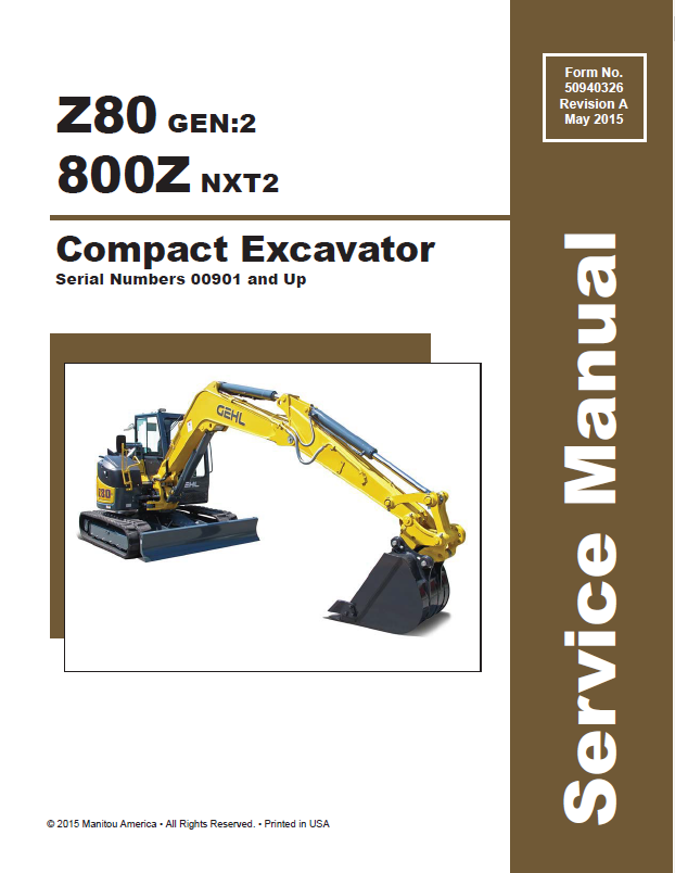 Mustang Compact Z80 GEN:2 & 800Z NXT2 Excavator Service Manual PDF 50940326