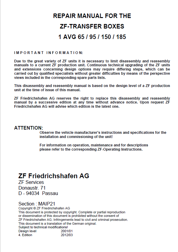 Mustang ZF 1 AVG Transfer Box Service & Repair Manual 50940523A PDF