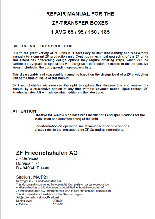 Mustang ZF 1 AVG Transfer Box Service & Repair Manual 50940523A PDF